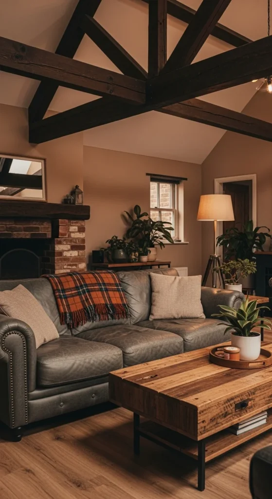 7 Gray Couch Living Room Ideas to Replace Leather Rustic living room with a gray couch and reclaimed wood elements