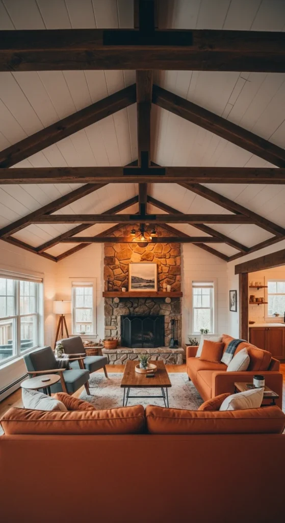 9 Half Vaulted Ceiling Living Room Designs Rustic living room with a half-vaulted ceiling and wooden beams