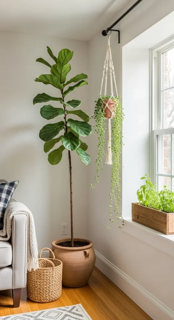 8 Rustic Living Room Ideas That You'll Love Rustic living room with indoor plants and wooden planters