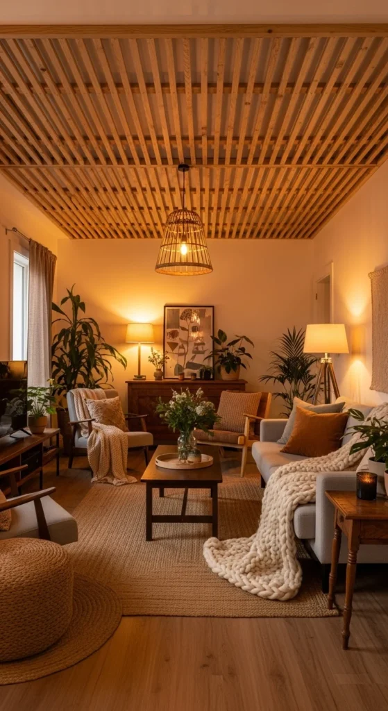 7 Popular Living Room False Ceiling Designs Rustic-style living room with slatted wooden ceiling