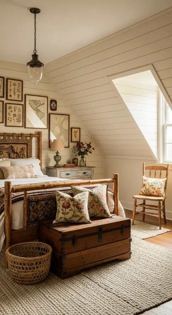 6 Attic Bedroom Design Ideas for Your Custom Home Rustic-themed attic bedroom with shiplap and vintage decor