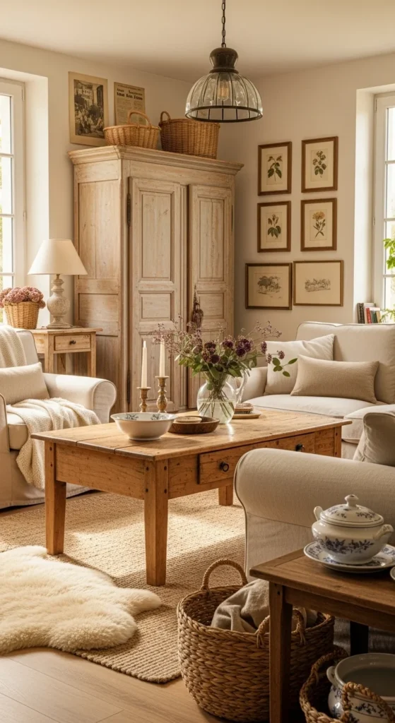 6 French Country Living Room Ideas for a Comfy and Sophisticated Feel Rustic wooden furniture in a cozy French country-style living room