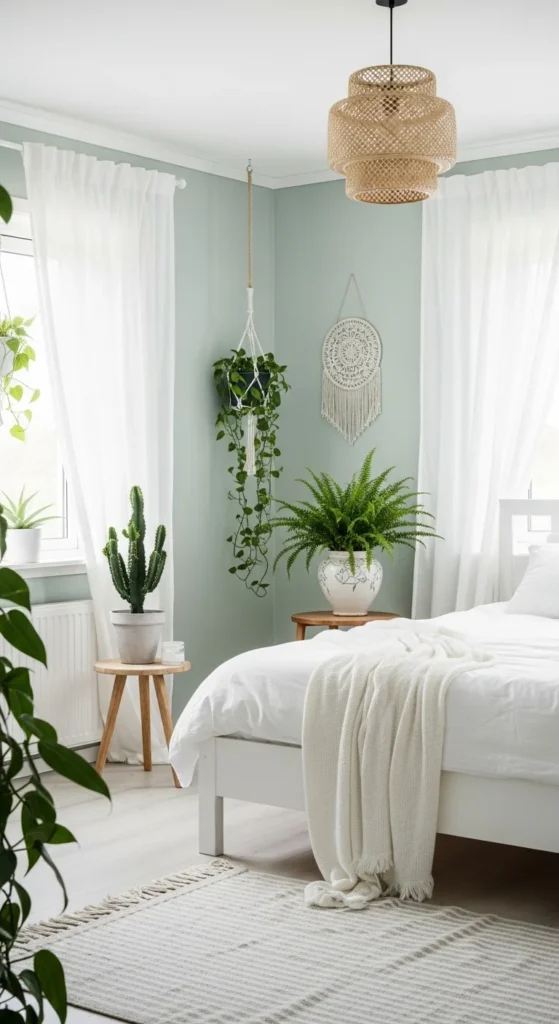 8 Best bedroom color combination ideas for a Dreamy Retreat Sage green bedroom walls paired with white furniture and plants