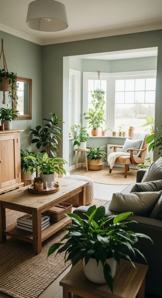 7 Vibrant Living Room Colors for Farmhouse Charm Sage green living room with wooden farmhouse decor and plants