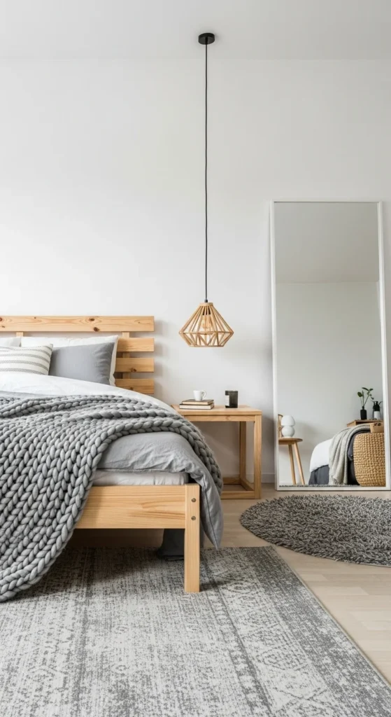 6 Earthy Bedrooms for Cozy Vibes Scandinavian bedroom with light wood and cozy knitted accents
