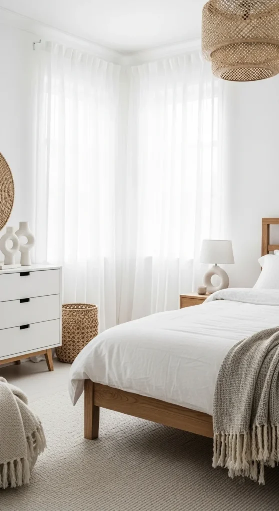 7 Inspirational Aesthetic Bedroom Design Ideas Scandinavian bedroom with white walls and wood furniture