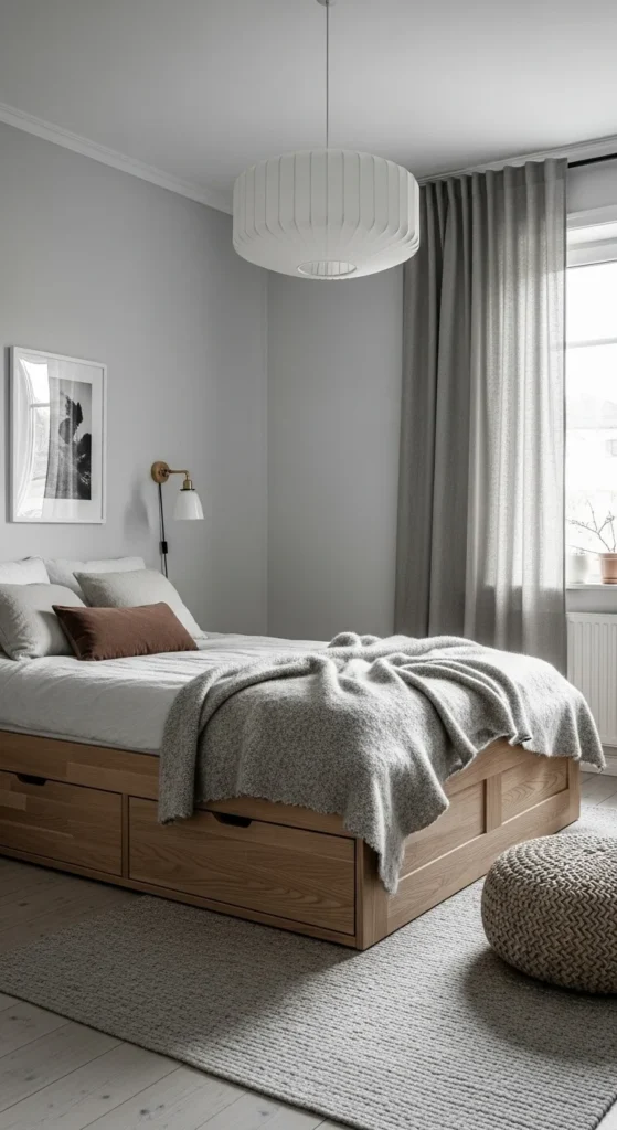 6 Neutral Bedroom Ideas to Create a Calm Sanctuary Scandinavian bedroom with white walls, wooden furniture, and wool throw