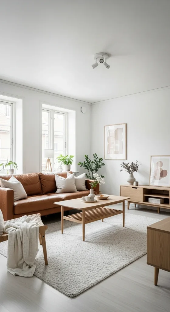 10 Cozy and Stylish Brown Couch Living Room Ideas Scandinavian brown couch living room with clean, bright tones