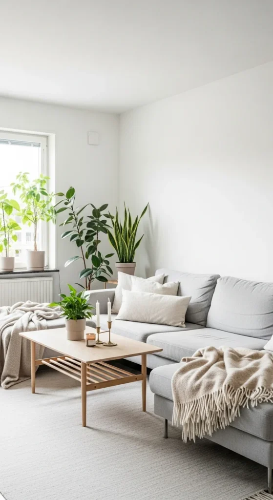 7 Gray Couch Living Room Ideas to Replace Leather Scandinavian living room with light gray couch and wooden accents