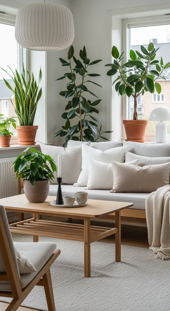 6 Chic Scandinavian Living Rooms for Holiday Comfort Scandinavian living room with wood furniture and greenery