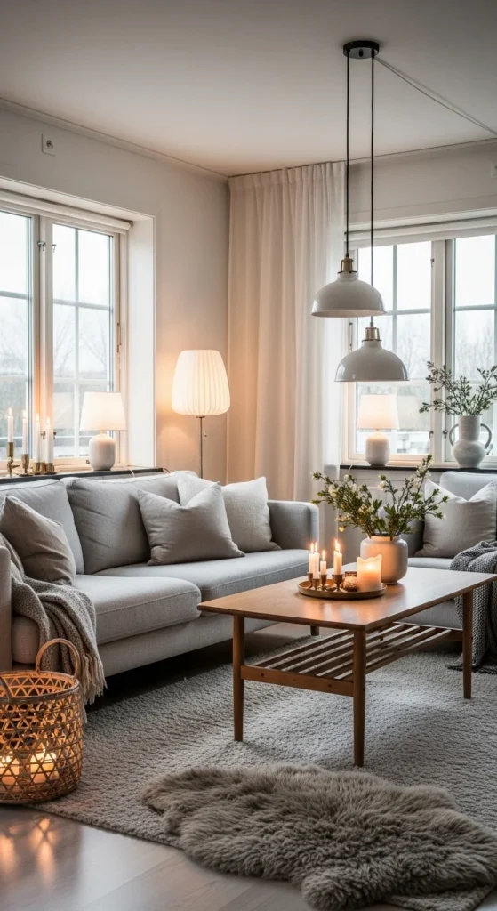6 Chic Scandinavian Living Rooms for Holiday Comfort Scandinavian room with layered holiday lighting