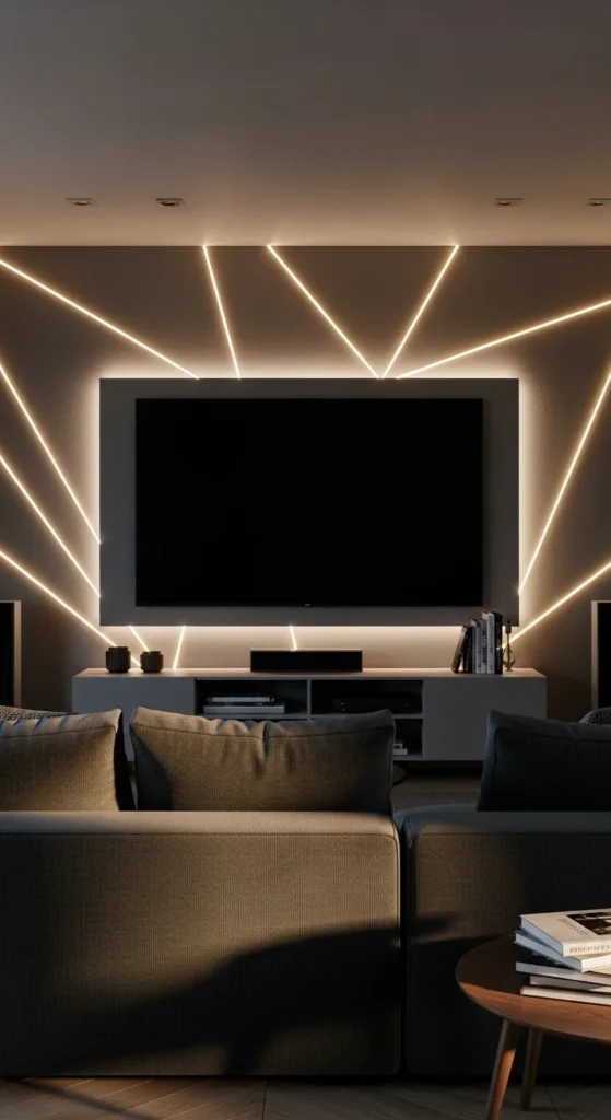 7 Cozy Sectional Living Room Ideas Sectional facing TV with cozy media center lighting