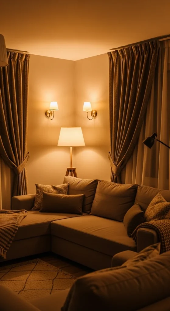 7 Cozy Sectional Living Room Ideas Sectional living room with layered warm lighting