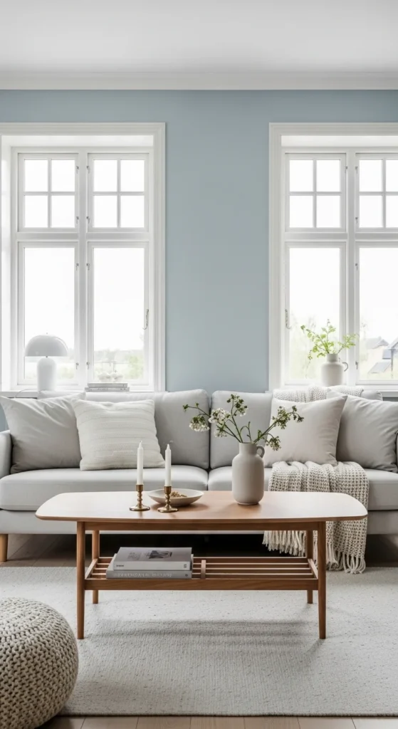 6 Light Blue Living Rooms That Feel Cool & Cozy Serene light blue living room with cozy textures and wooden details