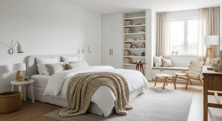 Serene white bedroom with layered textures and cozy lighting