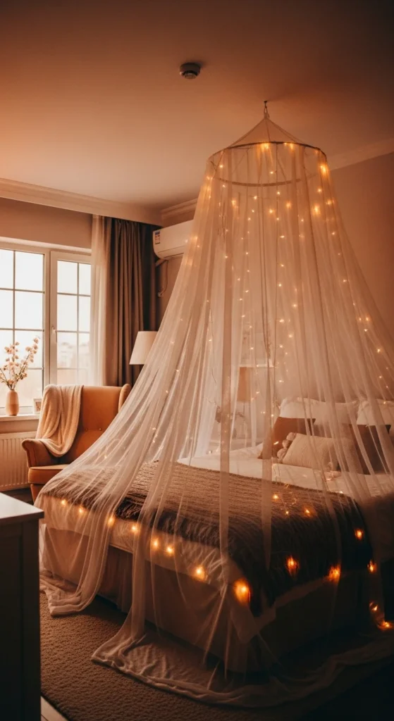 10 Fairy Lights Bedroom Ideas That We Are Loving Sheer canopy bed decorated with fairy lights for a dreamy glow