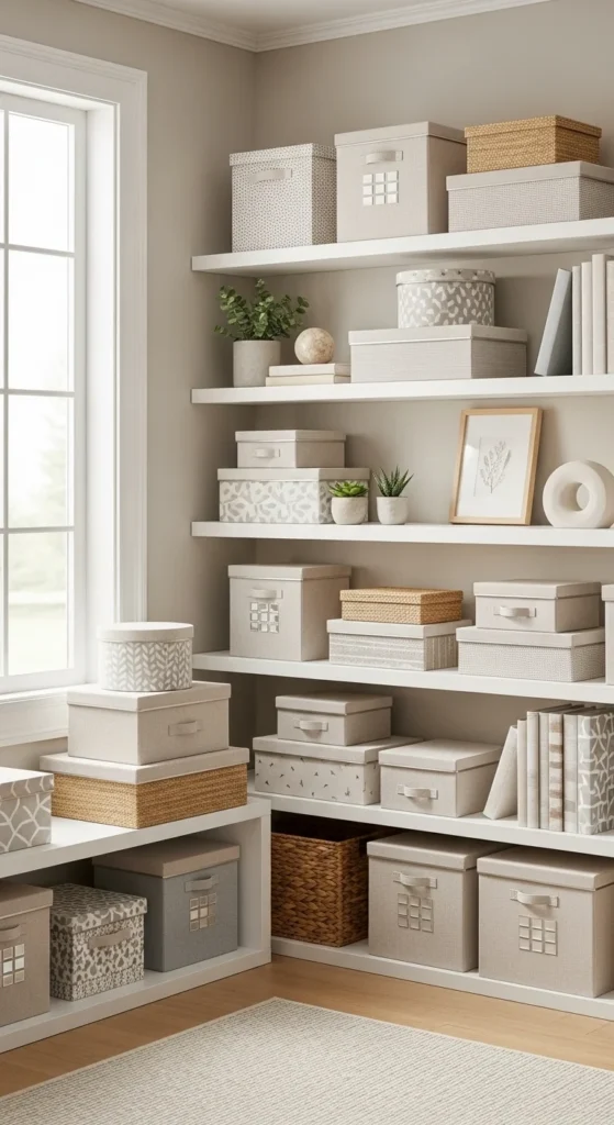 10 Creative Living Room Shelf Decorating Ideas You’ll Love Shelf decor with patterned storage boxes and bins