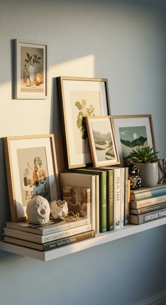 10 Creative Living Room Shelf Decorating Ideas You’ll Love Shelf decorated with small framed artwork and layered prints