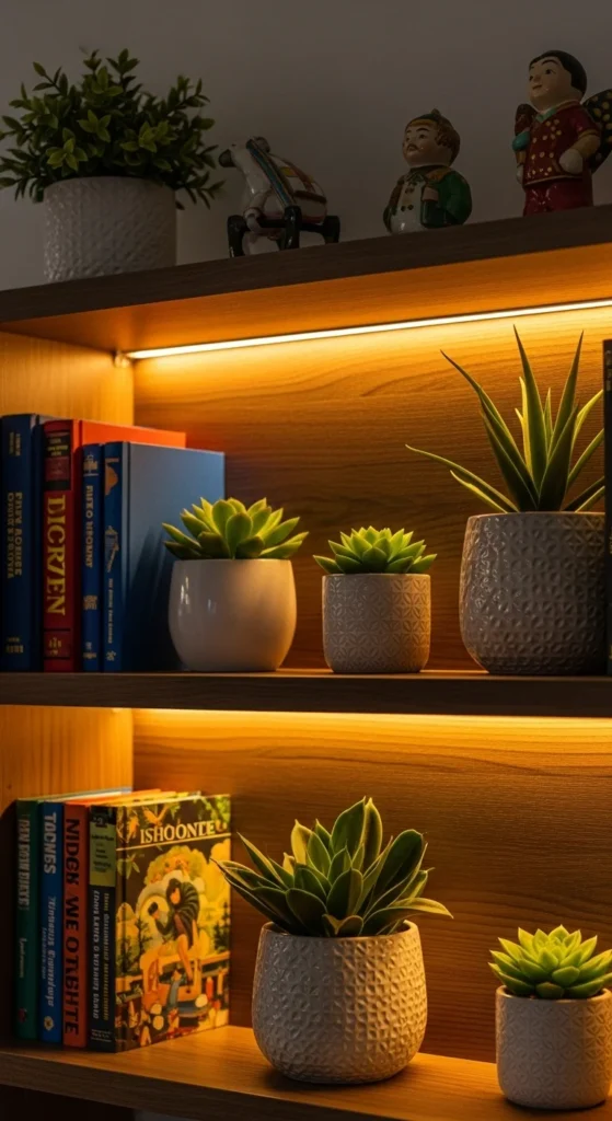 10 Creative Living Room Shelf Decorating Ideas You’ll Love Shelf illuminated with LED lighting and stylish decor