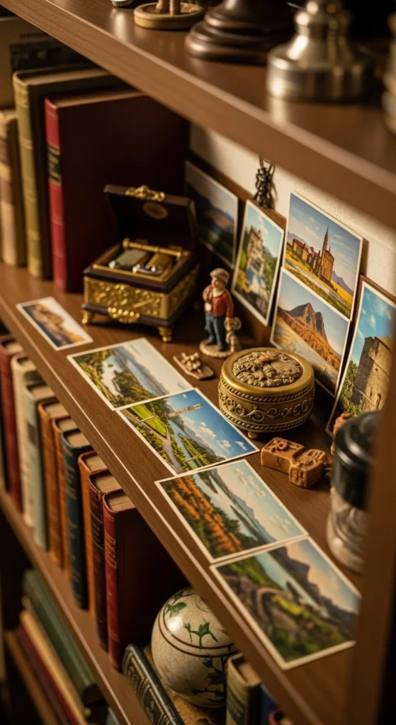 10 Creative Living Room Shelf Decorating Ideas You’ll Love Shelf with personal mementos, family photos, and souvenirs