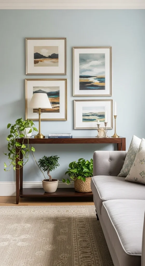 6 Living Room Table Ideas to Elevate Comfort & Functionality Slim console table behind sofa with stylish décor items