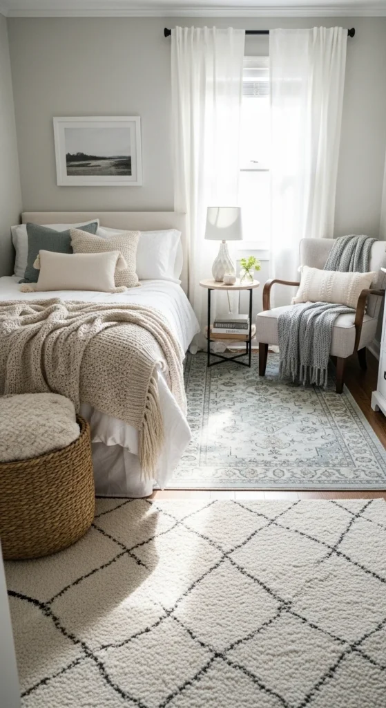 9 Tiny Bedroom Design Ideas to Maximize Space with Style Small bedroom using area rugs to create defined zones