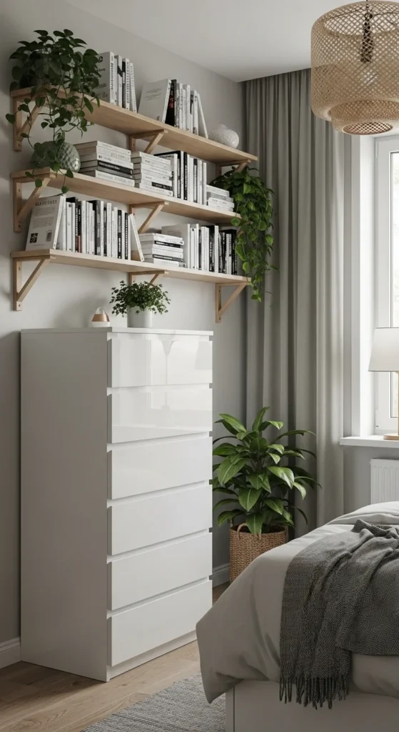 9 Tiny Bedroom Design Ideas to Maximize Space with Style Small bedroom using vertical space with tall dresser and shelves