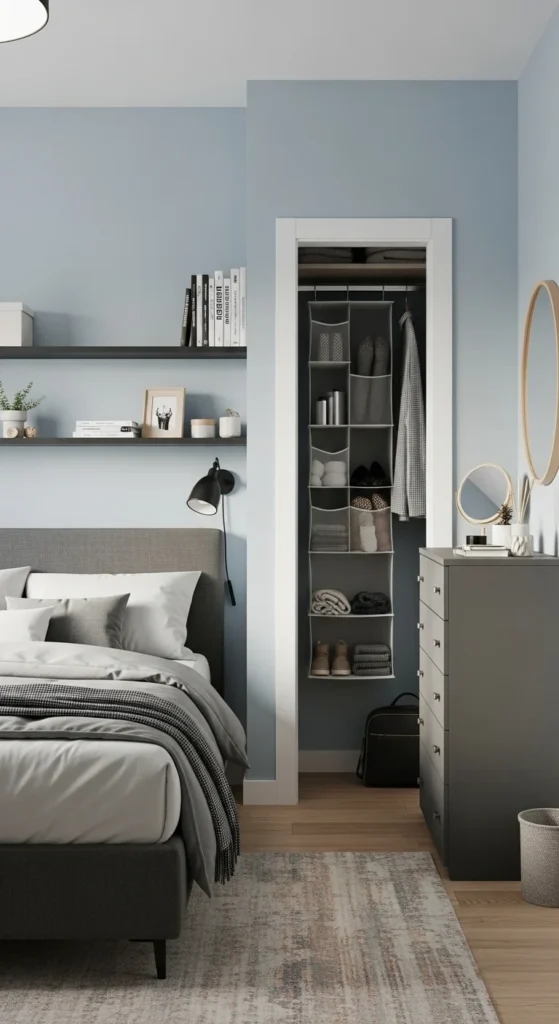 8 Stylish Small Bedroom Ideas Small bedroom using wall shelves and tall storage units