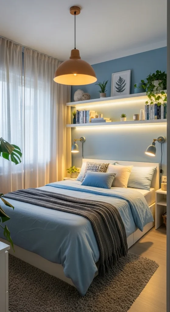 8 Stylish Small Bedroom Ideas Small bedroom with layered lighting and sheer curtains
