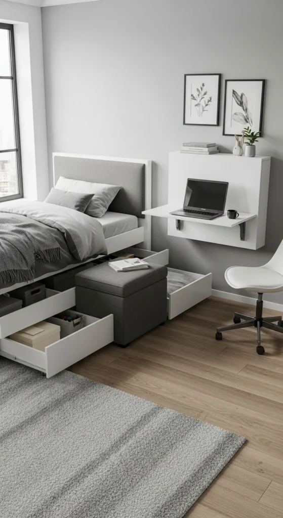 8 Stylish Small Bedroom Ideas Small bedroom with multifunctional bed, ottoman, and foldable desk