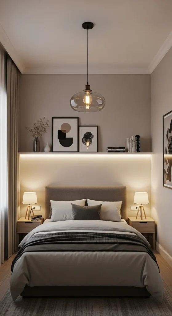 5 Modern Luxury Bedroom Ideas for Small Spaces Small bedroom with pendant, lamps, and LED accent lighting