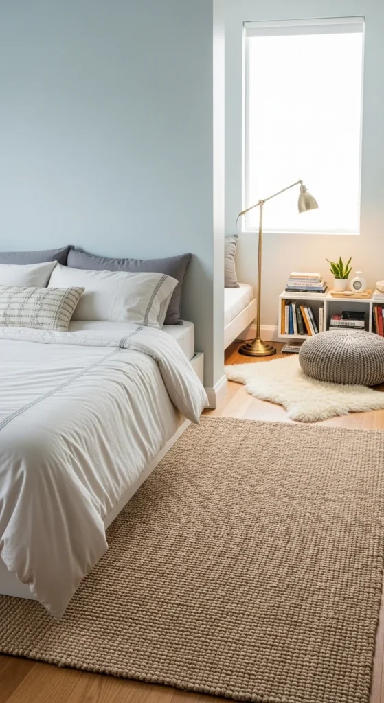 8 Stylish Small Bedroom Ideas Small bedroom with rugs defining bed and reading nook