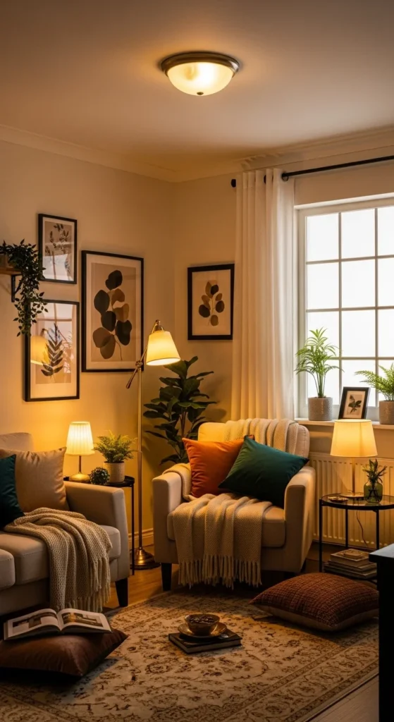 8 Small Apartment Living Room Ideas Small living room with warm layered lighting and cozy vibe