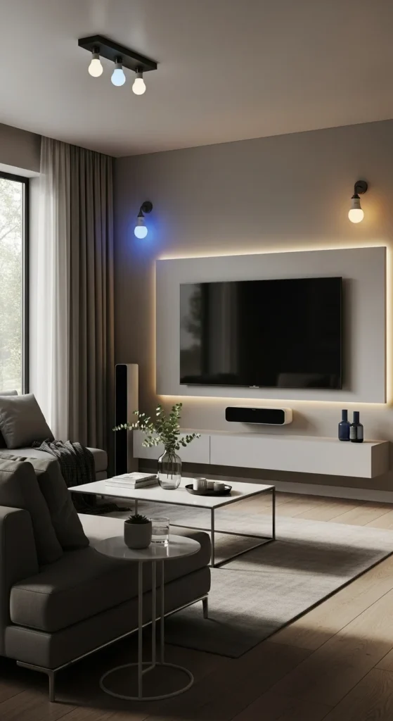 Smart tech setup with big TV and wireless gadgets in a tiny living room