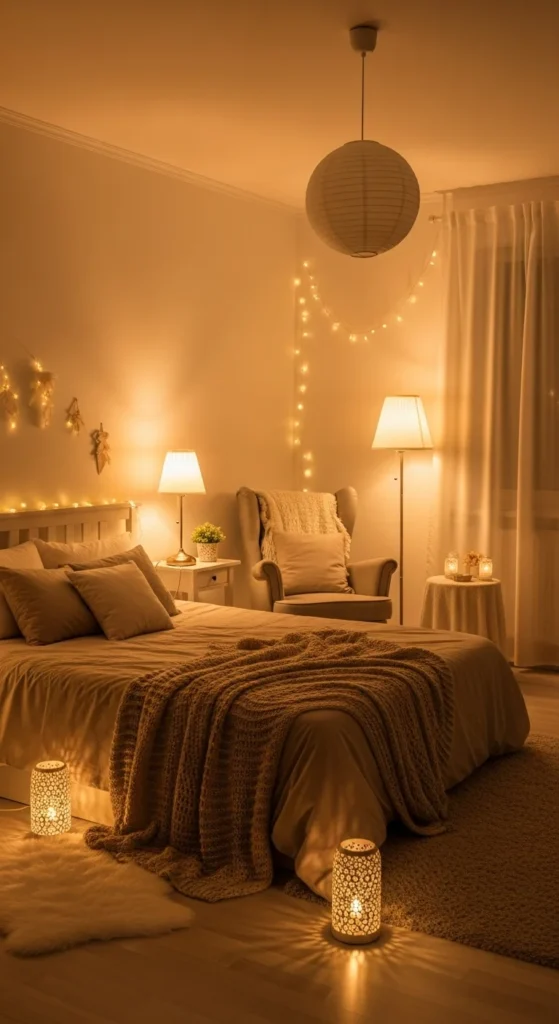 10 Warm Bedroom Aesthetic Ideas for a Comfy Retreat Soft ambient lighting with lamps and fairy lights in a bedroom