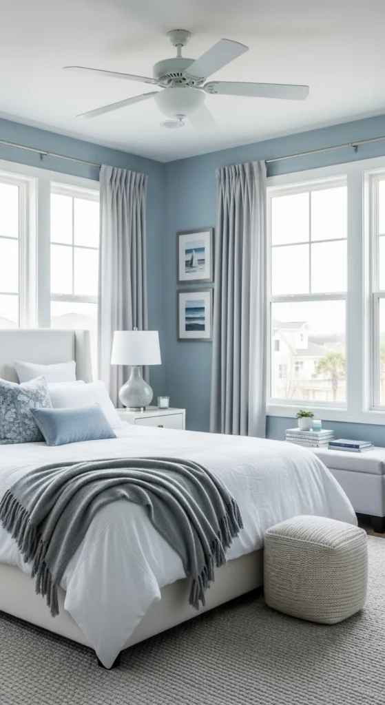 Soft blue bedroom with natural light and white accents