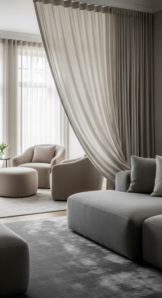7 Stylish Living Room Partition Ideas You’ll Love Soft curtain dividing a living room and reading corner