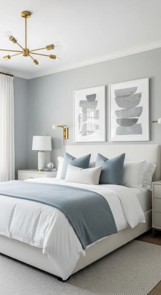 6 Neutral Bedroom Ideas to Create a Calm Sanctuary Soft gray bedroom with blue bedding and brass light fixtures