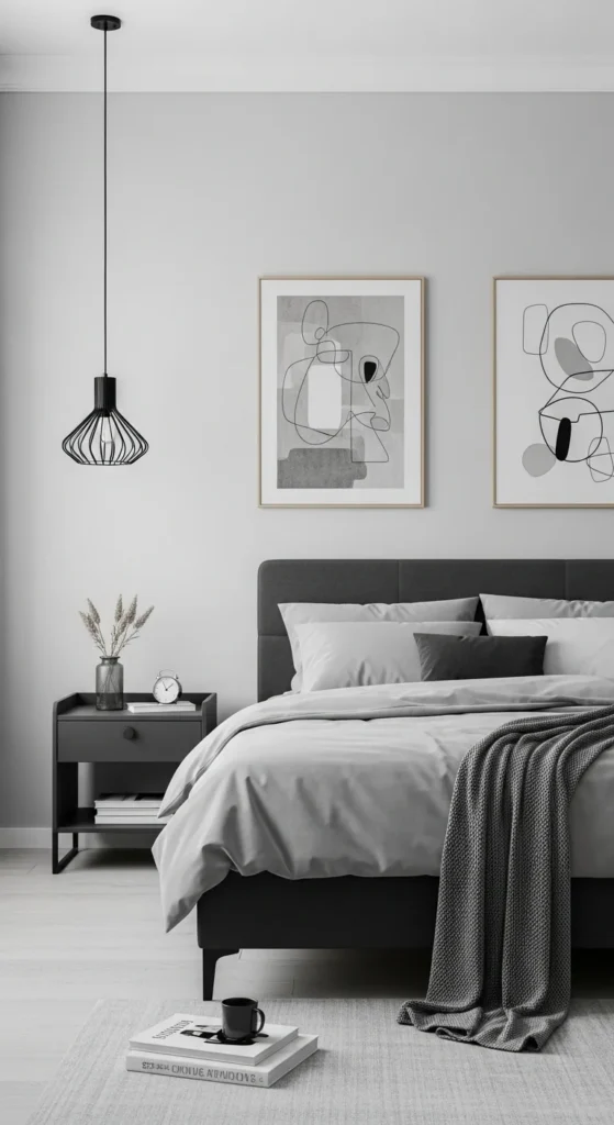 Soft gray bedroom with modern accents and layered textures