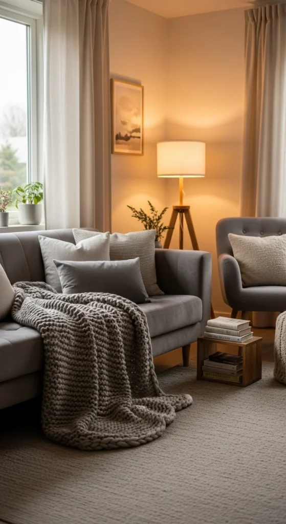 7 Gray Couch Living Room Ideas to Replace Leather Gray couch in an eclectic living room with colorful decor and art