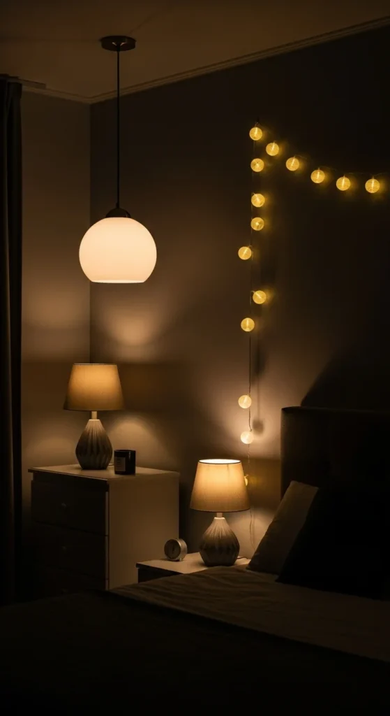 6 Cozy Dark Bedroom: Embrace Warmth and Intimacy Soft lighting in a dark bedroom with lamps and string lights