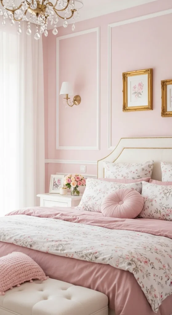 Soft pink bedroom with gold details and a soothing atmosphere
