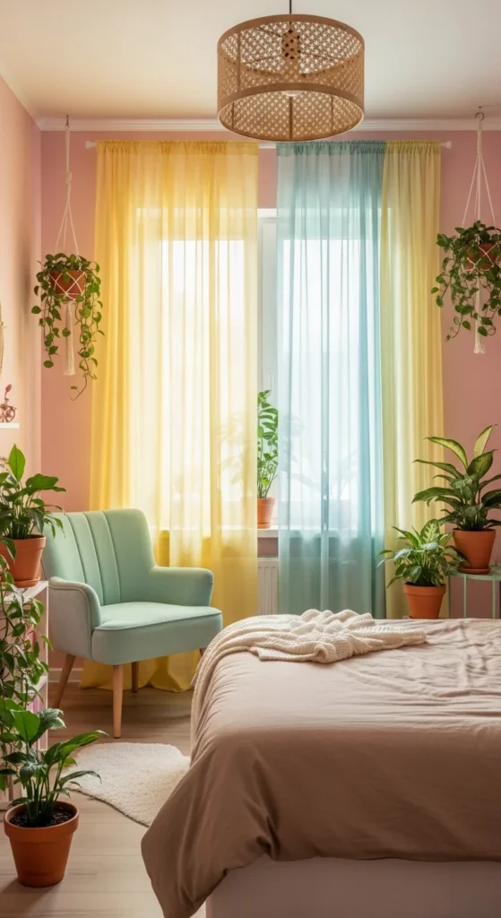 7 Girl Bedroom designs In Pink That Keep It Subtle Soft pink room with mint chair, yellow curtains, and plants