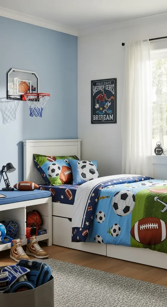 5 Practical Boys Bedroom Ideas to Inspire You Sports-themed boys' bedroom with hoop, gear, and themed bedding