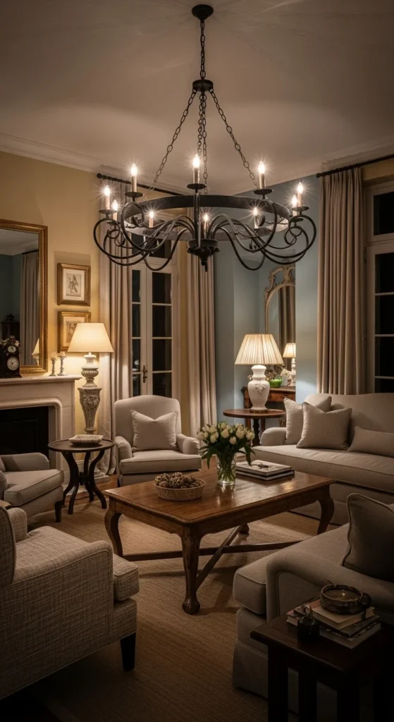 6 French Country Living Room Ideas for a Comfy and Sophisticated Feel Statement lighting in a French country living room with chandelier