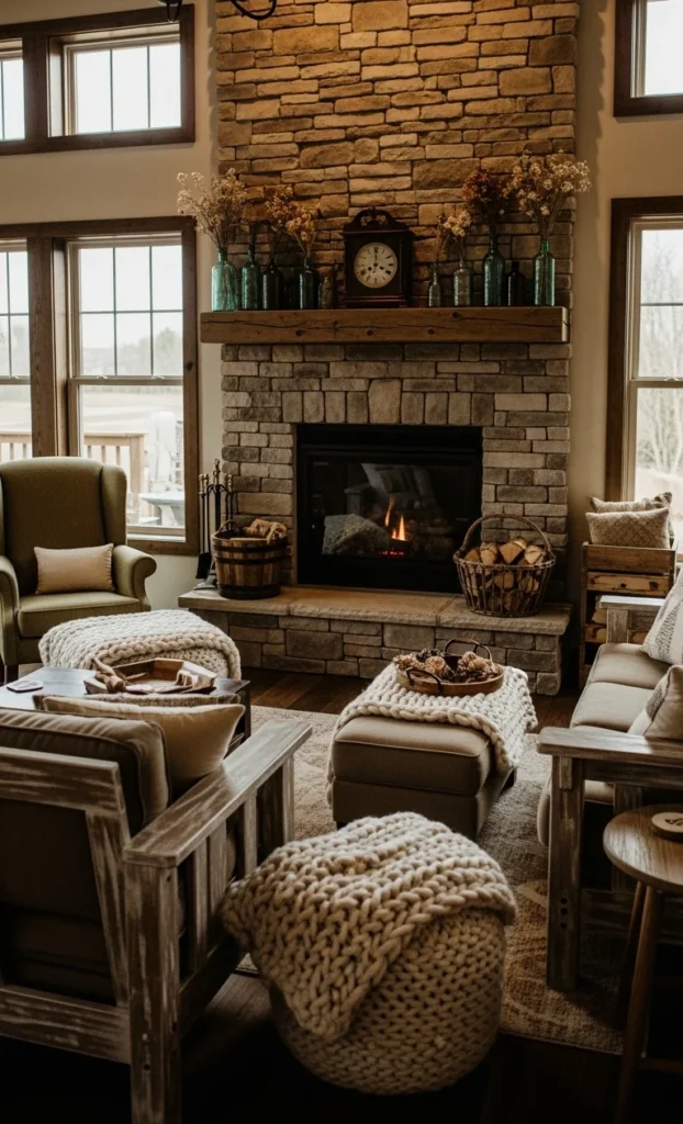 8 Rustic Living Room Ideas That You'll Love Stone fireplace in rustic living room with cozy seating