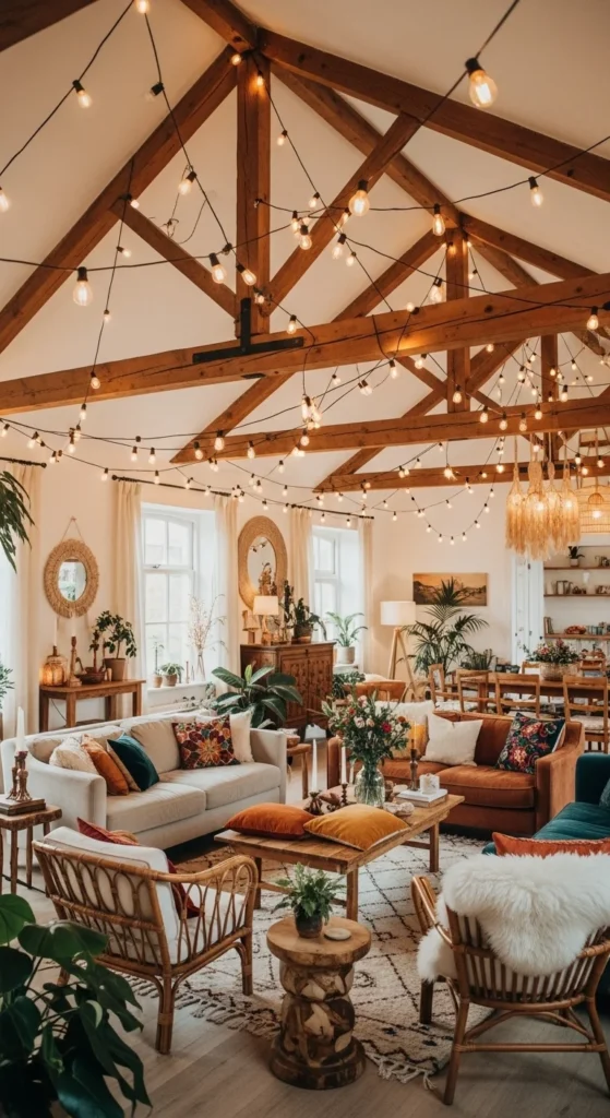 9 High Ceiling Living Room Lighting Ideas String lights creating a cozy glow in a high-ceiling boho room