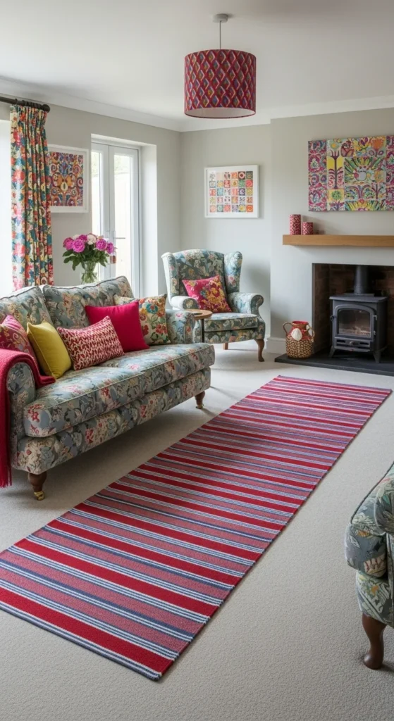 7 Cozy Country-Style Living Room Rug Ideas Natural cotton and jute runner in a cozy country living room