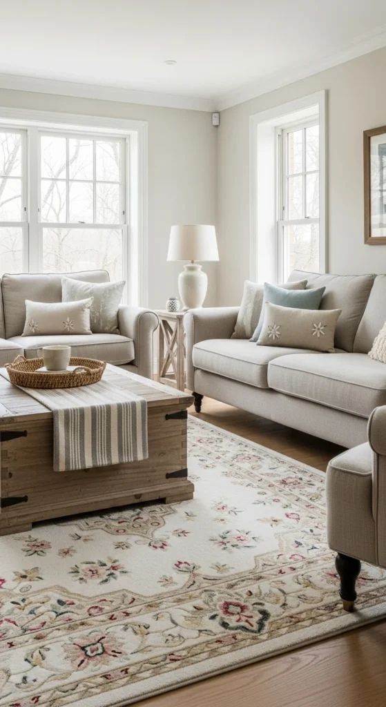 7 Cozy Country-Style Living Room Rug Ideas Eco-friendly sisal runner in a bright, natural-themed space