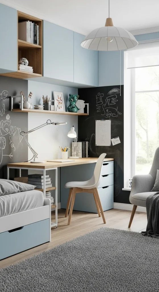 5 Practical Boys Bedroom Ideas to Inspire You Study-focused boys' bedroom with desk, shelves, and chalkboard wall